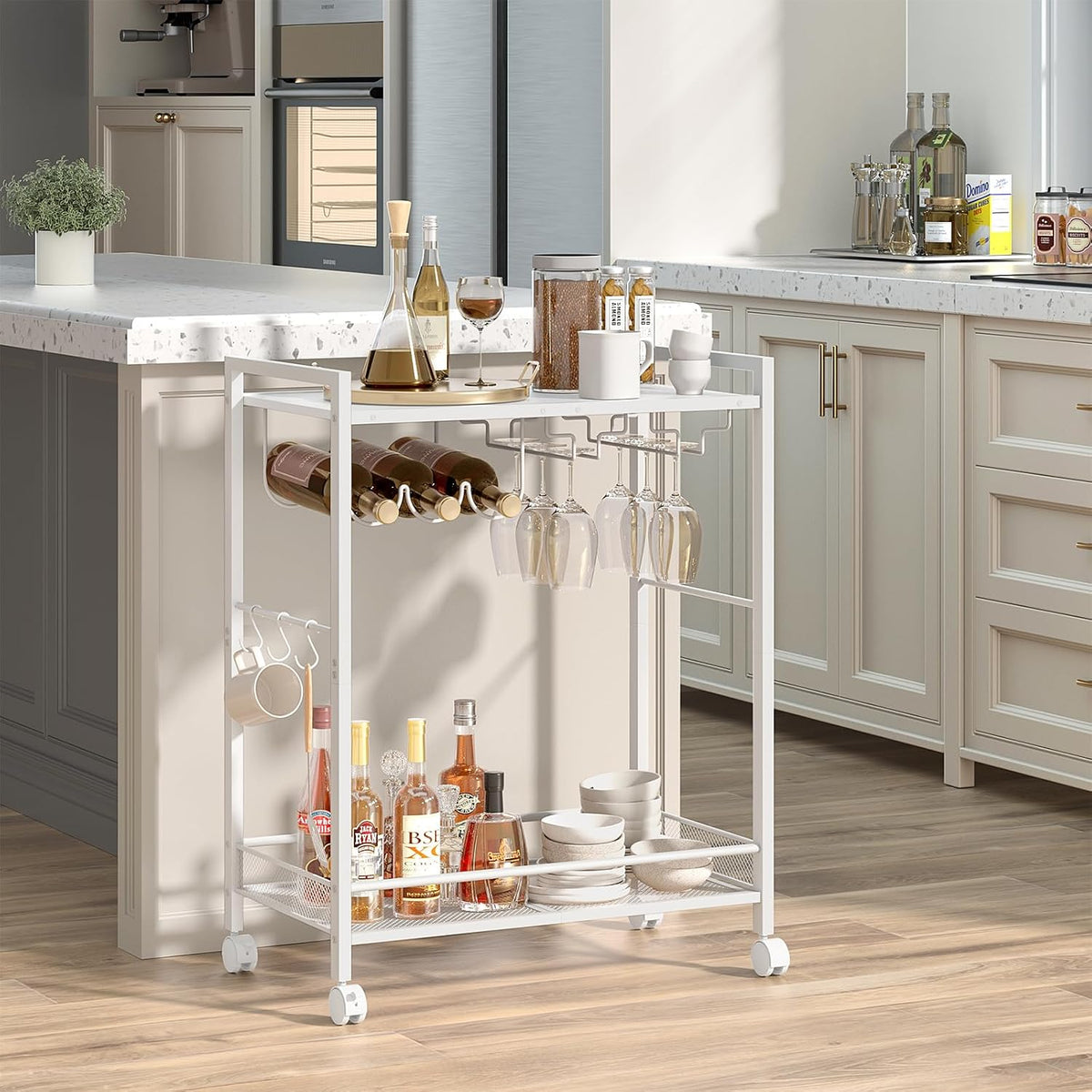 Joaxswe Bar Cart,2-Tier Home Bar Serving Cart with Lockable Wheels,White
