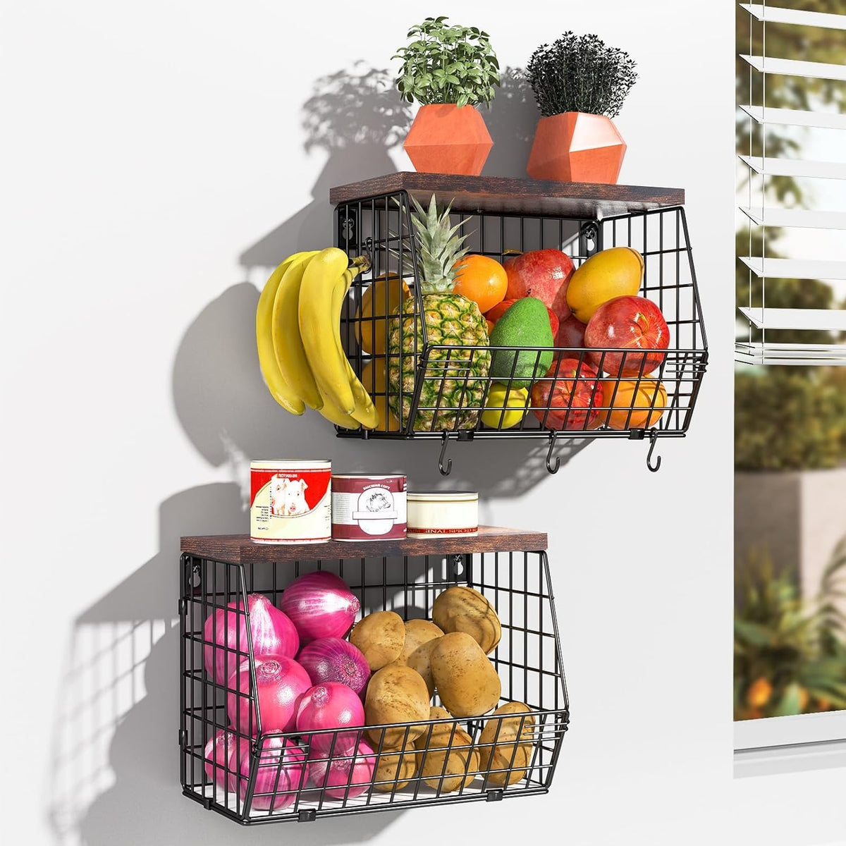 Wawocs Fruit Basket for Kitchen Counter 2 Tier Fruit Bowl, Stackable Wall Mounted Hanging Fruit Basket Wire Baskets with Wood Lid with 4 Banana Hanger Hooks, Onion Basket, Fruit and Vegetable Storage