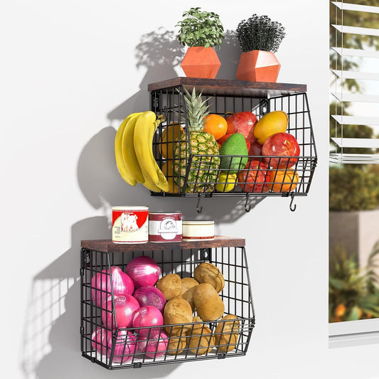 Wawocs Fruit Basket for Kitchen Counter 2 Tier Fruit Bowl, Stackable Wall Mounted Hanging Fruit Basket Wire Baskets with Wood Lid with 4 Banana Hanger Hooks, Onion Basket, Fruit and Vegetable Storage