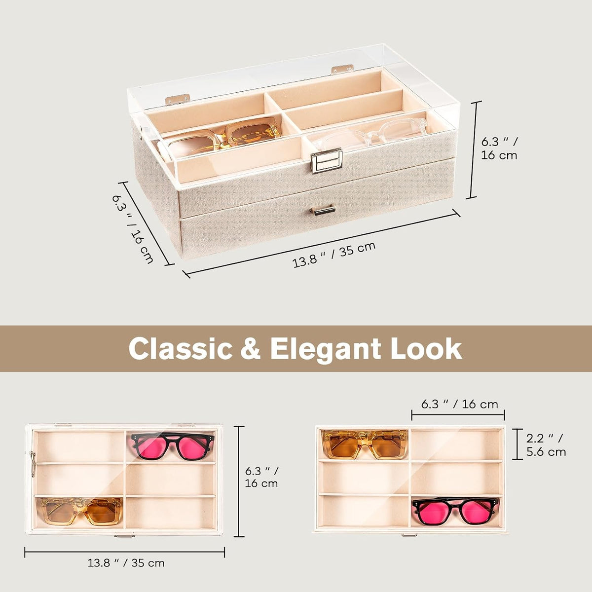 ProCase 12 Slots Acrylic Clear Top Sunglass Organizer, 2 Layers Eyeglasses Case Multi Pairs Storage Eyewear Display Holder with Transparent Lid and Drawer -Champagne