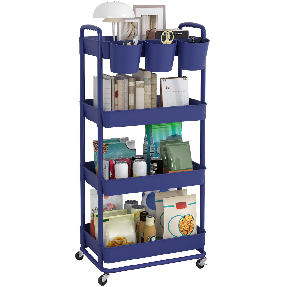 JIUYOTREE 4-Tier Plastic Rolling Storage Cart Utility Cart White