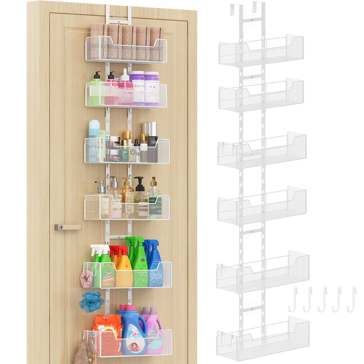 Hongtamoya Adjustable Over the Door Organizer, Metal Hanging Door Organizer with 5 Wire Basket 7 Hooks, Wall Mounted Shelf for Pantry Laundry Organization and Storage, Black