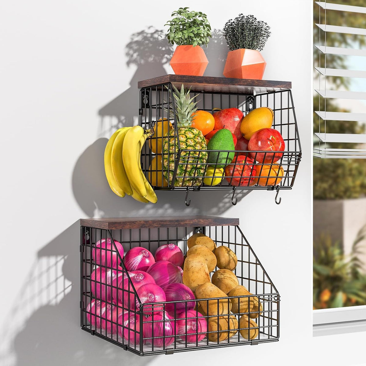 Wawocs Fruit Basket for Kitchen Counter 2 Tier Fruit Bowl, Stackable Wall Mounted Hanging Fruit Basket Wire Baskets with Wood Lid with 4 Banana Hanger Hooks, Onion Basket, Fruit and Vegetable Storage