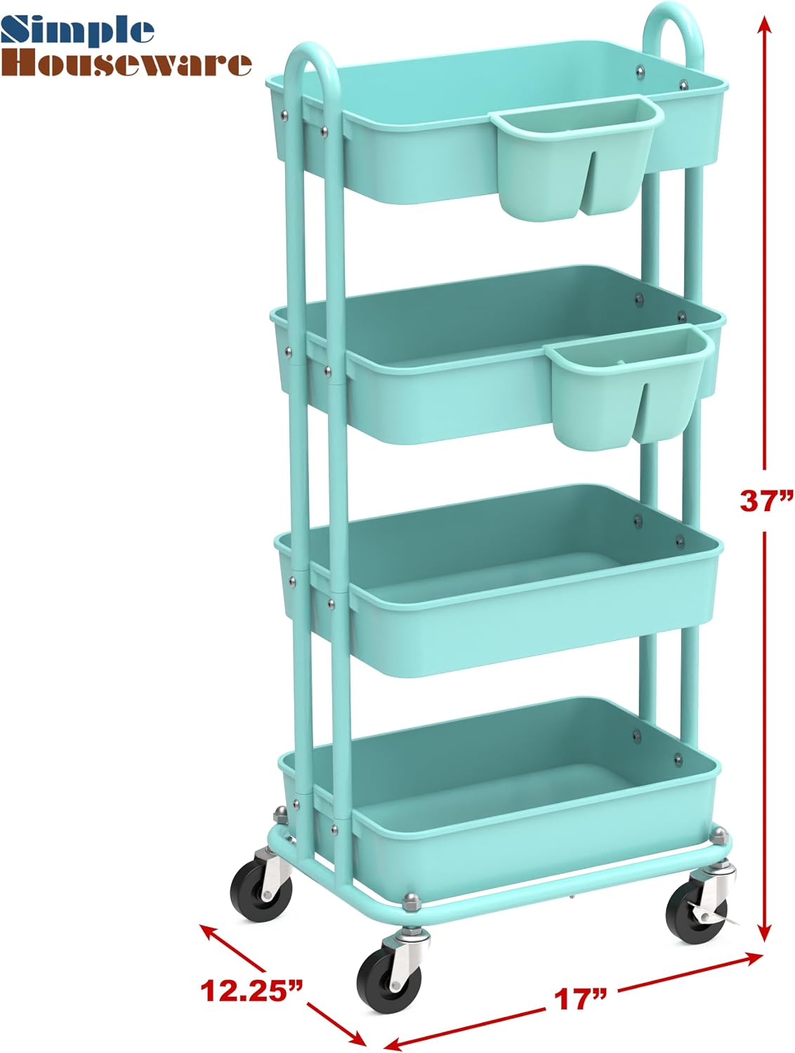 Simple Houseware 4-Tier Rolling Utility Cart with Hanging Bucket, Turquoise