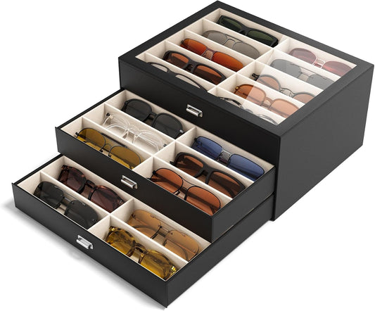 NEWLOOP Sunglass Organizer Display Case - Sunglasses Holder for Men Women Multiple Pair Eye Glasses Storage Organizer 3-Layer Jewelry Watch Eyeglass Collection Box with 30 Slots, Black