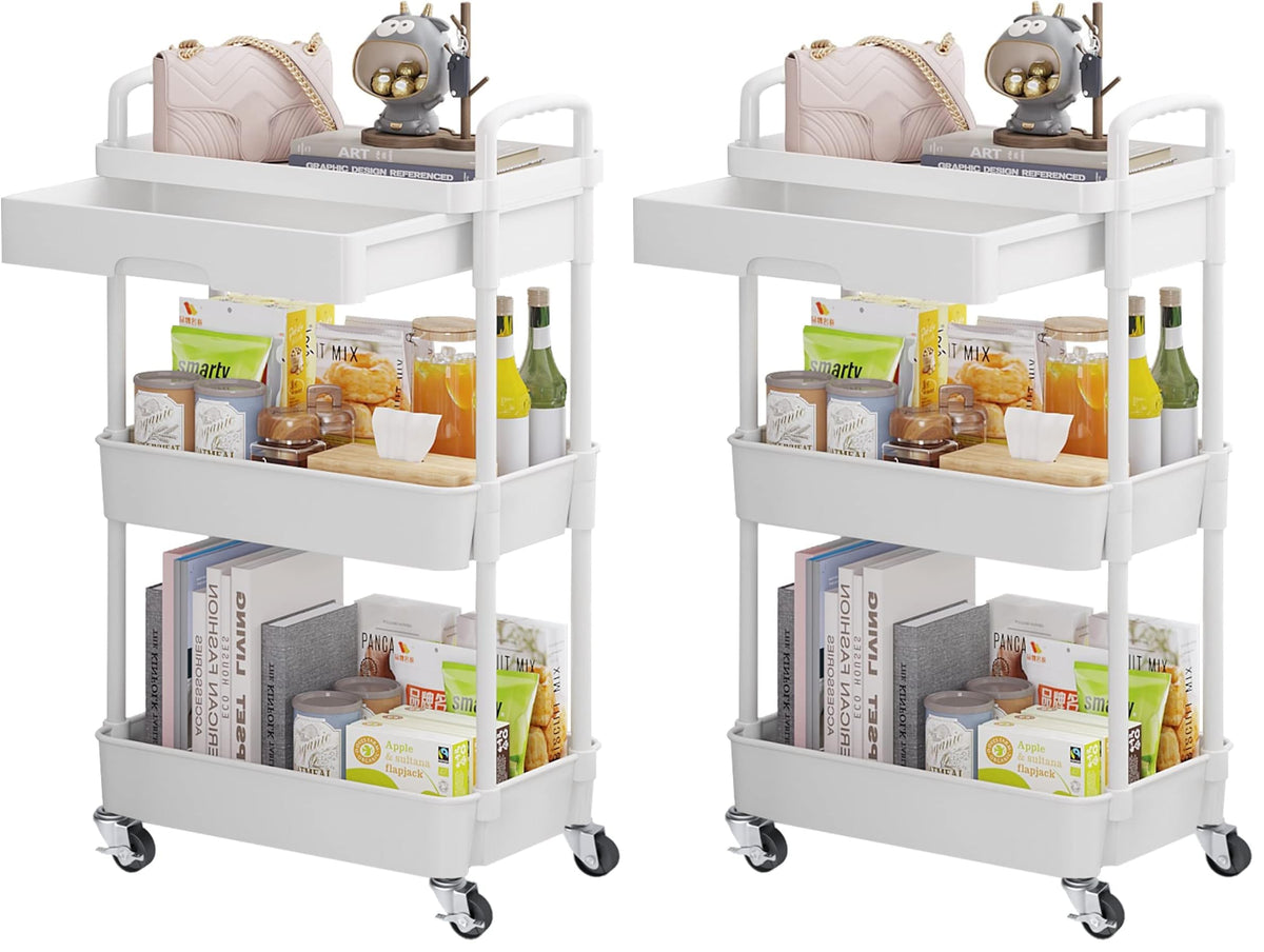 Calmootey 3-Tier Utility Cart with Drawer & Wheels, Storage for Home,Office