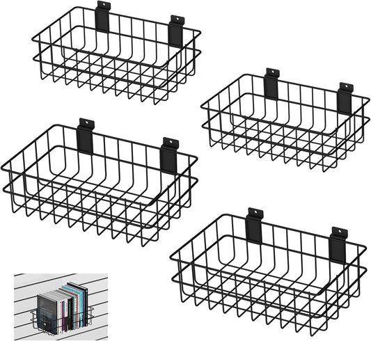 4 Pack Slatwall Baskets Set, Heavy Duty Slatwall Baskets, Metal Slat Wall Shelves Accessories, 2 PCs 13 x 8 x 4 Inch, 2 PCs 12.4 x 6.5 x 4 Inch, Black