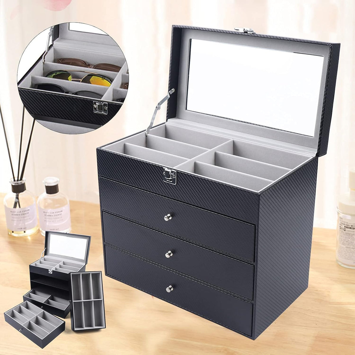 SHZICMY 4 Layer Sunglass Organize Box,4 Layer 24 Slots Multiple Glasses Organizer Eyeglass Sunglass Storage Box Display,Black