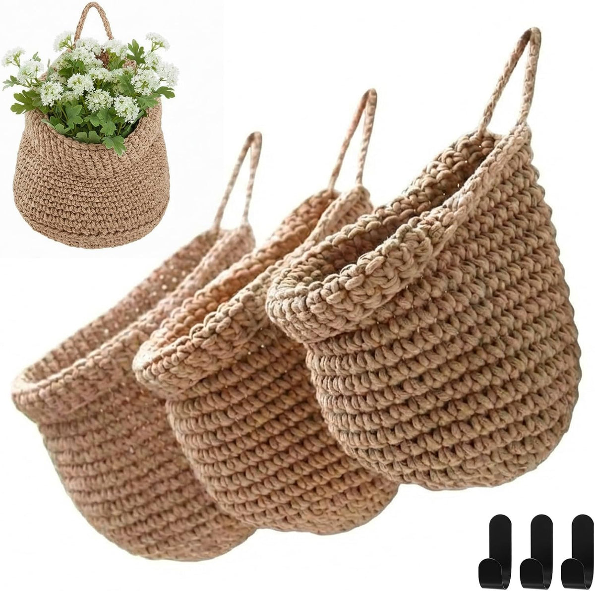 Honeydak 3 Hanging Baskets, Light Brown, Wide Bucket Basket