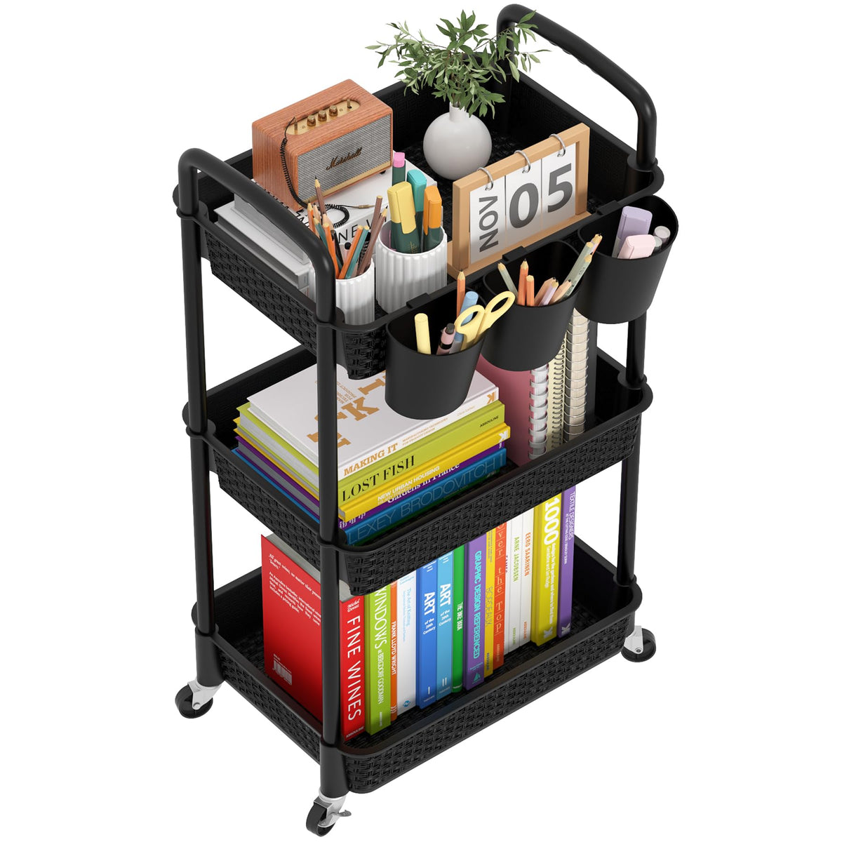 MOYIPIN 3-Tier Plastic Rolling Utility Cart with Handle,Utility Storage Cart for Office, Living Room, Kitchen,Movable Storage Organizer Shelves,White