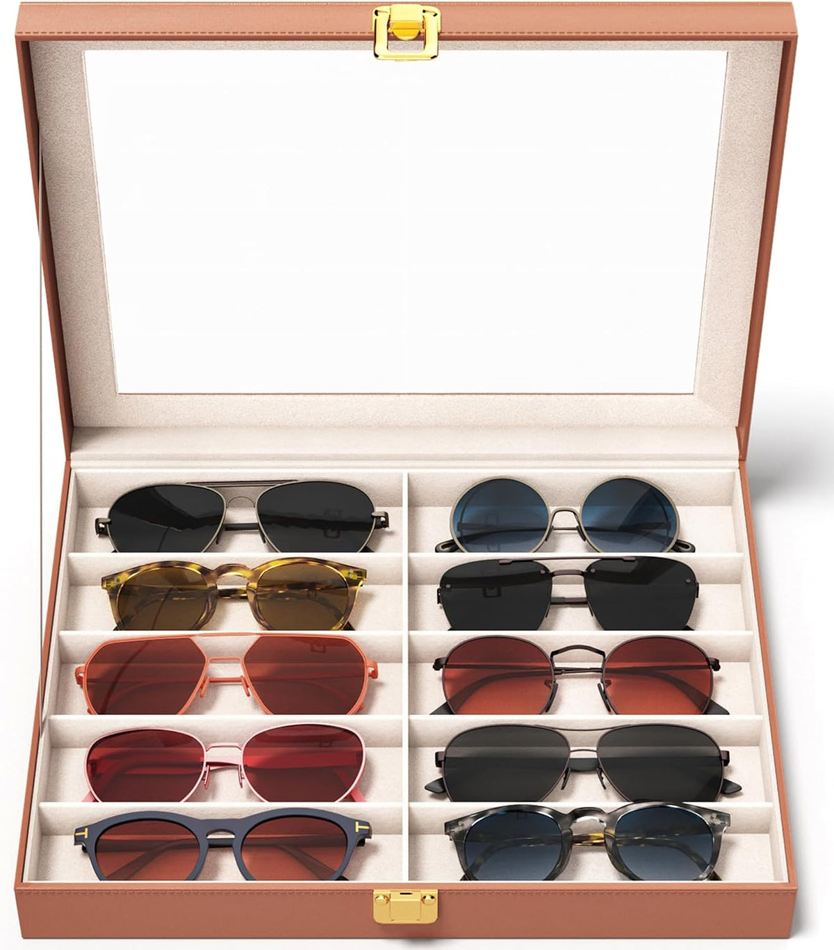 Sunglasses Organizer Storage Box - 10 Slots Eyeglass Display Case for Multiple Pair Glasses, Sunglass Holder with Clear Glass Lid, Jewelry and Watch Collection Box for Women and Men, Brown