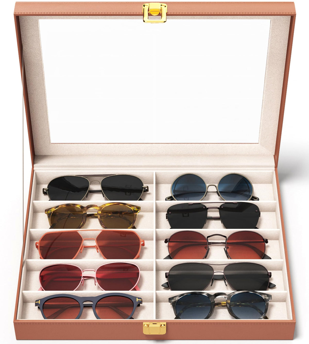 Sunglasses Organizer Storage Box - 10 Slots Eyeglass Display Case for Multiple Pair Glasses, Sunglass Holder with Clear Glass Lid, Jewelry and Watch Collection Box for Women and Men, Brown
