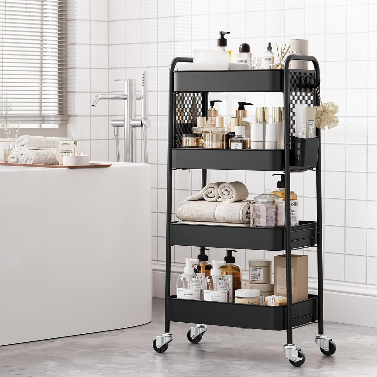 TOOLF 4 Tier Rolling Cart, Metal Utility Storage Cart with Pegboard, Black