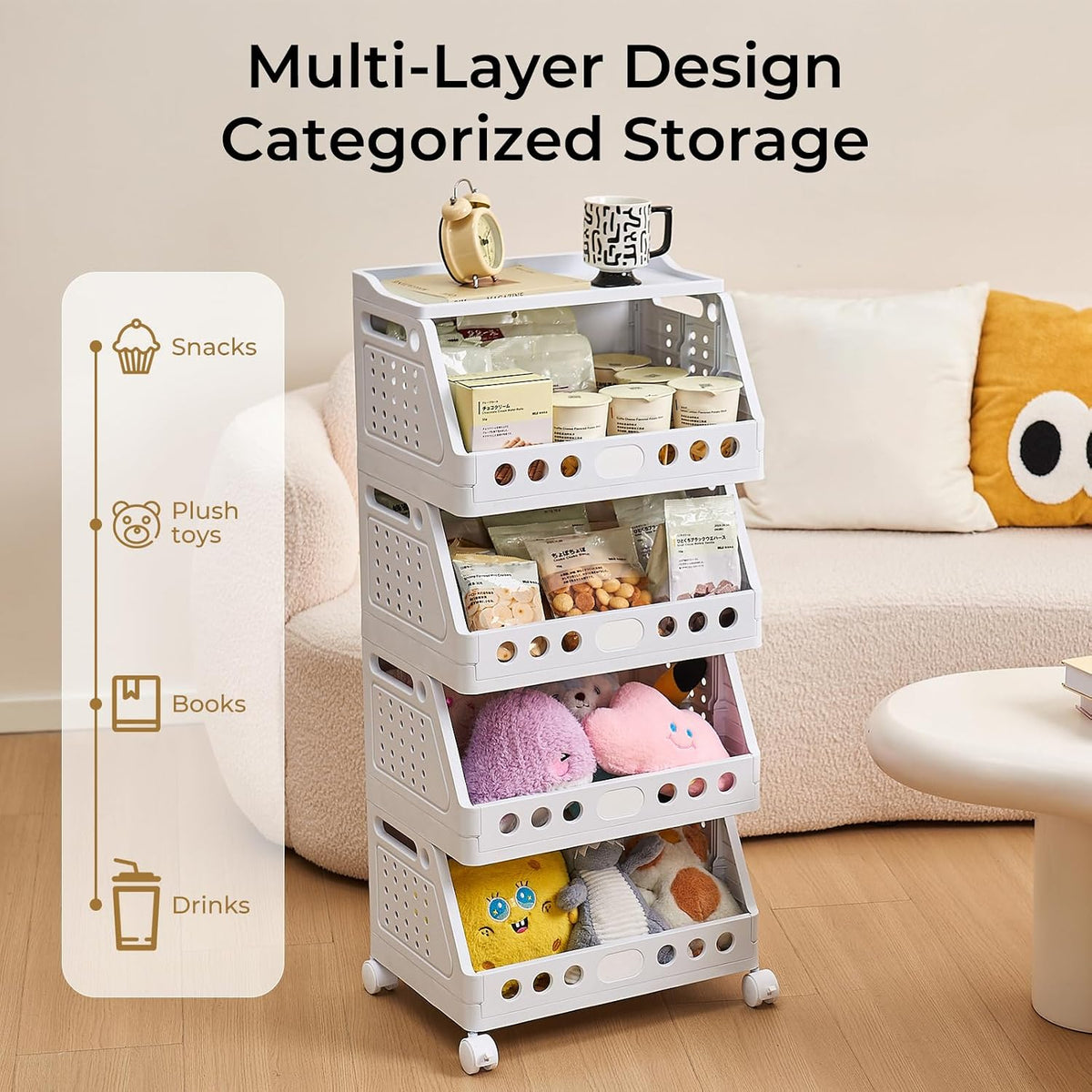 UFORU 4 Tier Rolling Storage Cart,Plastic Open Storage Basket with Wheels