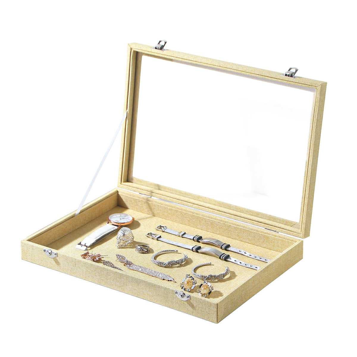 Coward Sunglass Organizer Tray Box, Beige Velvet Grids Eyeglasses Display Tray Case with Transparent Glass Lid for Home Use or Store Shop Selling Show