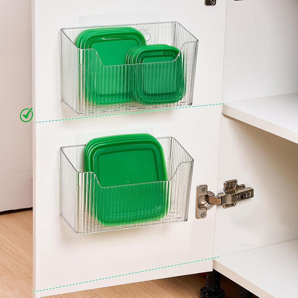 Sinnsally 2 Pack Cabinet Door Organizer,Self Adhesive Lid Organizer Inside Cabinet Storage Boxes,Stackable Hanging Basket Bins Wall Mounted Shower Caddy Holder for Kitchen,Bathroom,Pantry(Clear White)