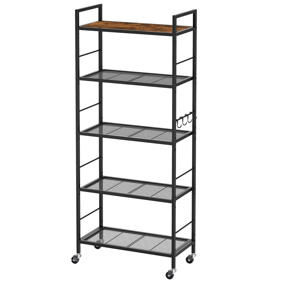 3-Tier Metal Storage Rack with Industrial Wheels,Mesh Shelving Unit with Wooden Table top,Adjustable Shelf,31.5-Inch Width, for Kitchen, Laundry,Pantry,Plant,Black