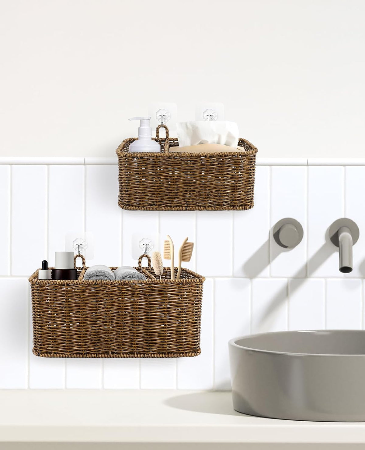 AceList Hanging Wall Basket with Removable Dividers, Set of 2 Woven Storage Baskets - Faux Rattan Wall Mounted Organizer for Kitchen Bathroom, Includes 5 Clear Hooks & 5 No-Mark Nails, Boho Decor