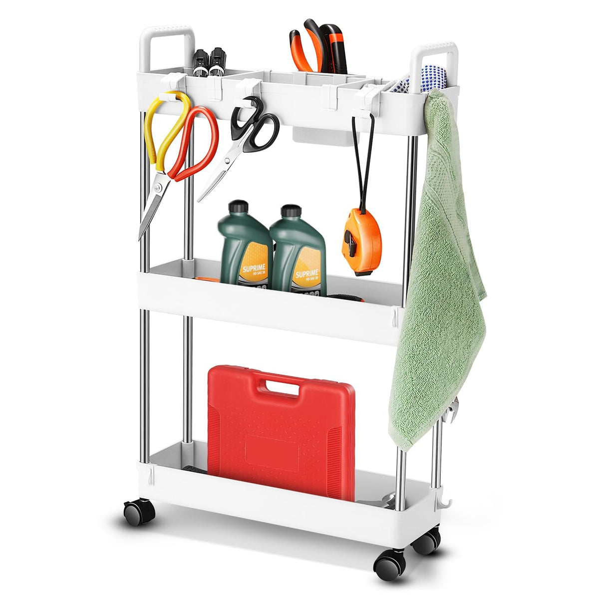 Auto Dynasty 3-Tier Rolling Utility Cart w/Handle, Narrow Storage, White