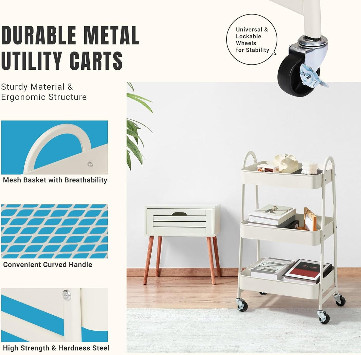 3 Tier Rolling Storage Cart with Lockable Wheels and Handle, Multi Purpose Utility Organizer Cart with Shelves for Kitchen Bathroom Office, Mobile Storage Trolley with Durable Frame