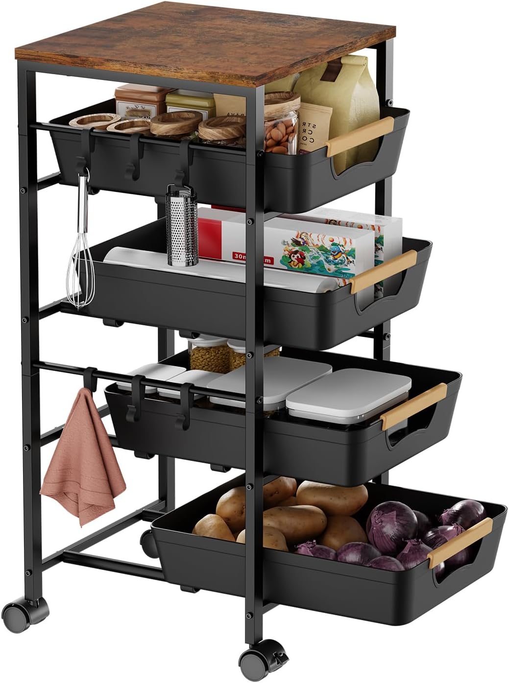 5-Tier Kitchen Storage Cart, Wood Top Rolling Cart Organizer with Pull-Out Baskets & Wheels, Metal Snack Cart with Holder for Fruit, Vegetable, Microwave, Kitchen, Pantry, Black