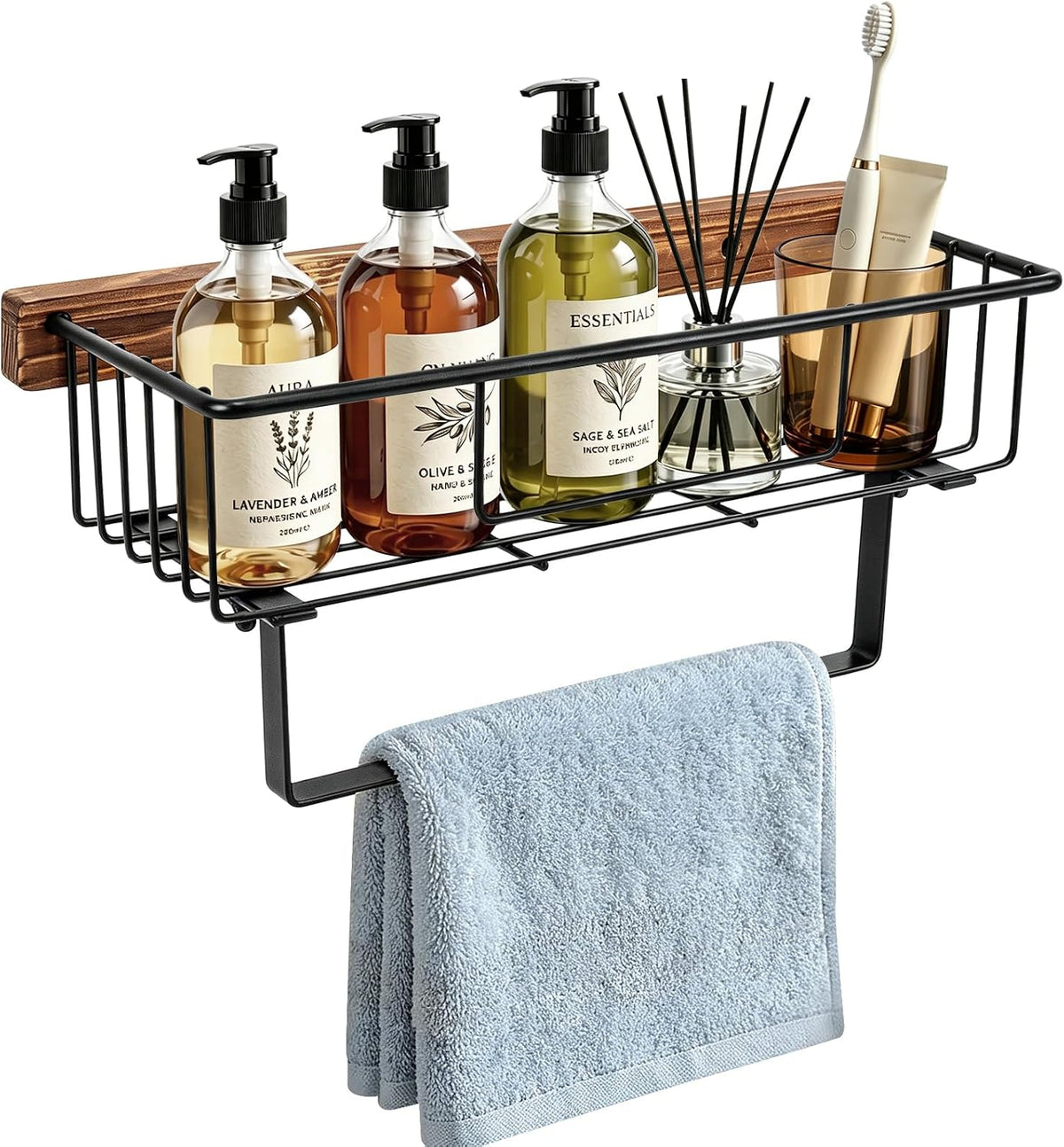 Livabber Hand Towel Holder with Wooden Storage Basket, 9 Inch Rustic Metal Towel Ring/Hand Towel Bar with Shelf, Wall Mounted Farmhouse Bathroom Organizer for Small Decor, Plant (Black)