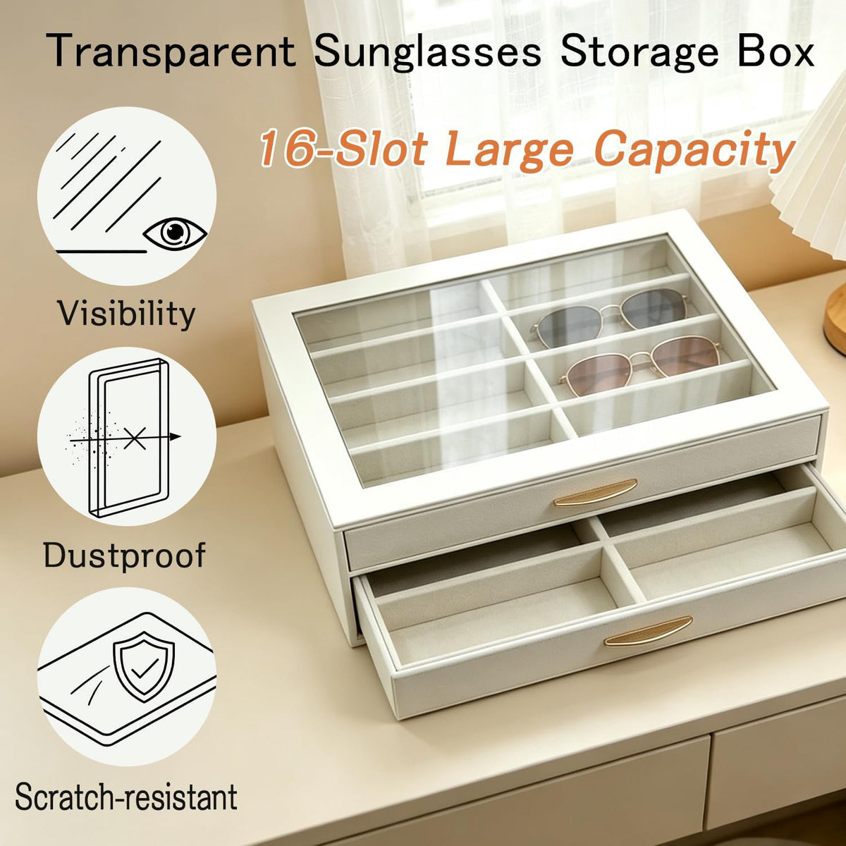 Sunglasses Organizer Box 16-Slot Large Capacity Eyewear Storage Case for Men and Women Transparent Top Display Box