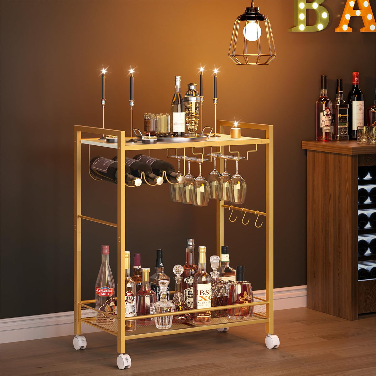Joaxswe Bar Cart,2-Tier Home Bar Serving Cart with Lockable Wheels,White