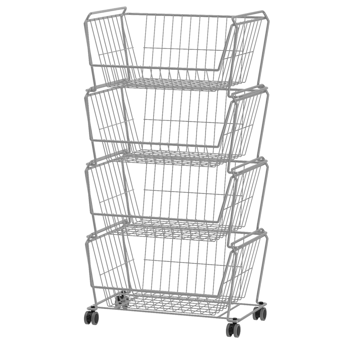 PUSDON 4-Tier Spacious Stackable Wire Storage Baskets with Wheels, Metal Rolling Utility Cart, Produce Basket for Pantry, Bathroom Organizer Shelf, Matte Black