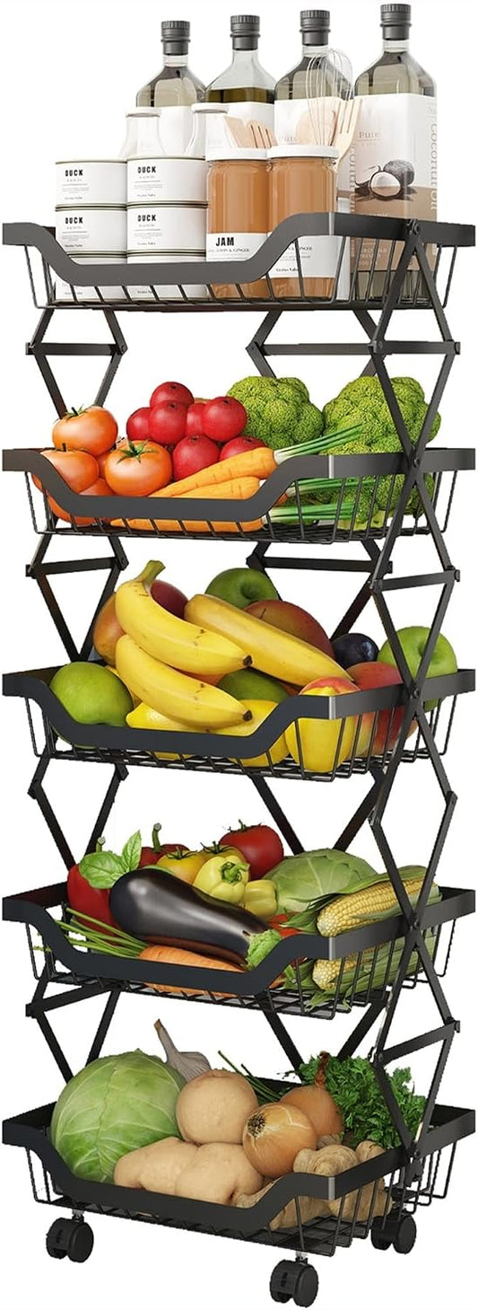 5-Tier Rolling Pantry Floor Organizer with Wheels, Foldable Fruit Vegetable Storage Cart, Metal Wire Pantry Basket, Kitchen Fruit Basket Stand, Vegetable Storage Rack for Fruits Snack Onion Potato