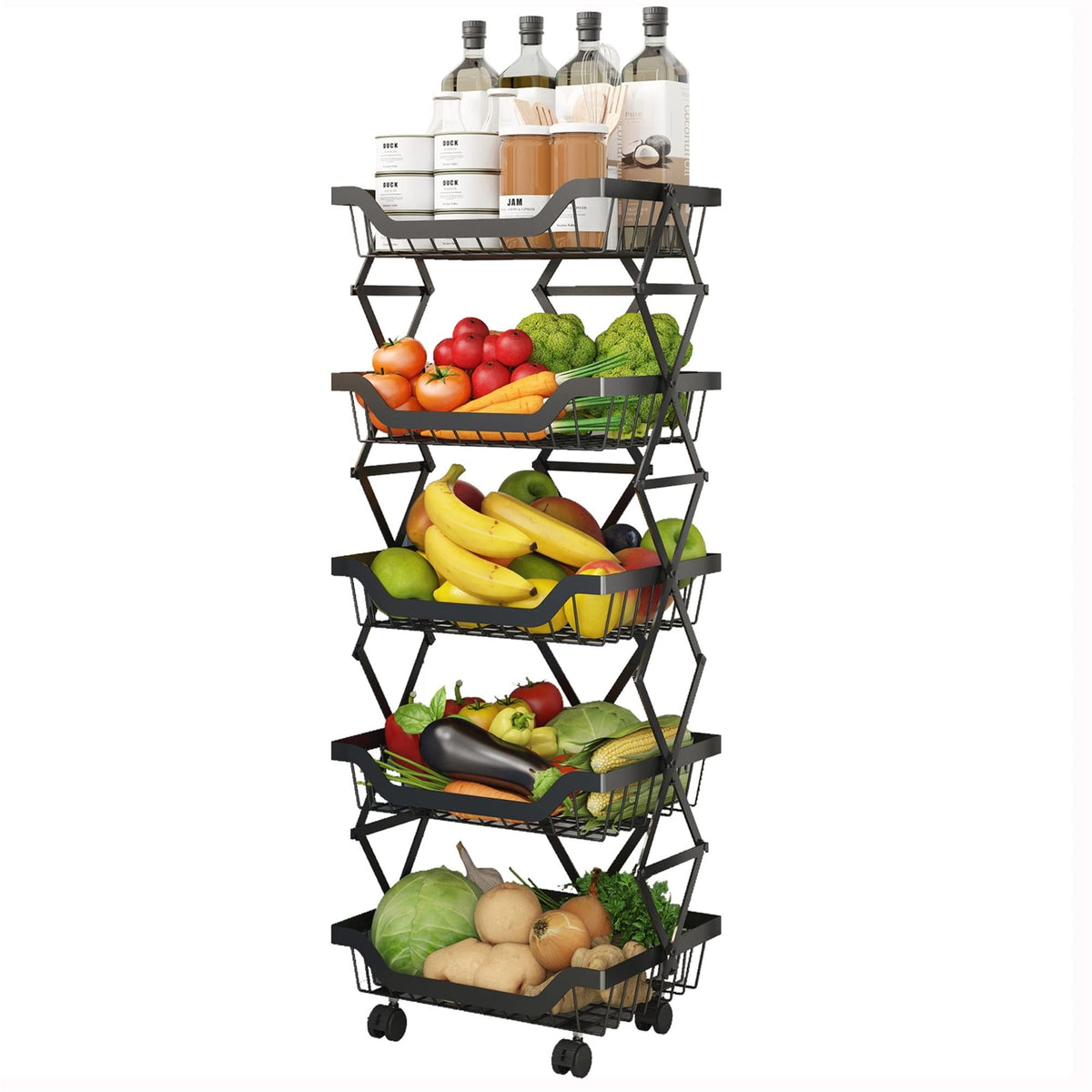 4-Tier Rolling Pantry Floor Organizer with Wheels, Foldable Fruit Vegetable Storage Cart, Metal Wire Pantry Basket, Kitchen Fruit Basket Stand, Vegetable Storage Rack for Fruits Snack Onion Potato