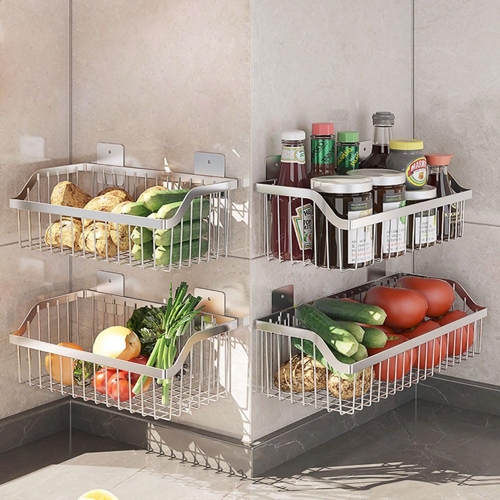 2 Set Fruit Basket for Kitchen, Pantry Kitchen Organizers and Storage, SUS304 Stainless Steel Wire Wall Basket, Onion Potato Vegetable Storage for Countertop Floor Cabinet Shelf