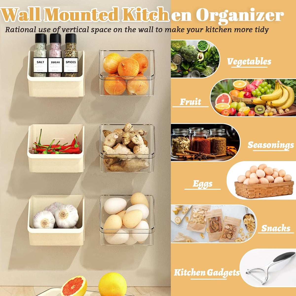 3 Pack Wall Mounted Storage Organizer Bins, Floating Shelves Fridge Organizer Storage Bins, Stackable Organizer Basket for Wall, Refrigerator, Kitchen, Bathroom, Countertops, Pantry (Clear)