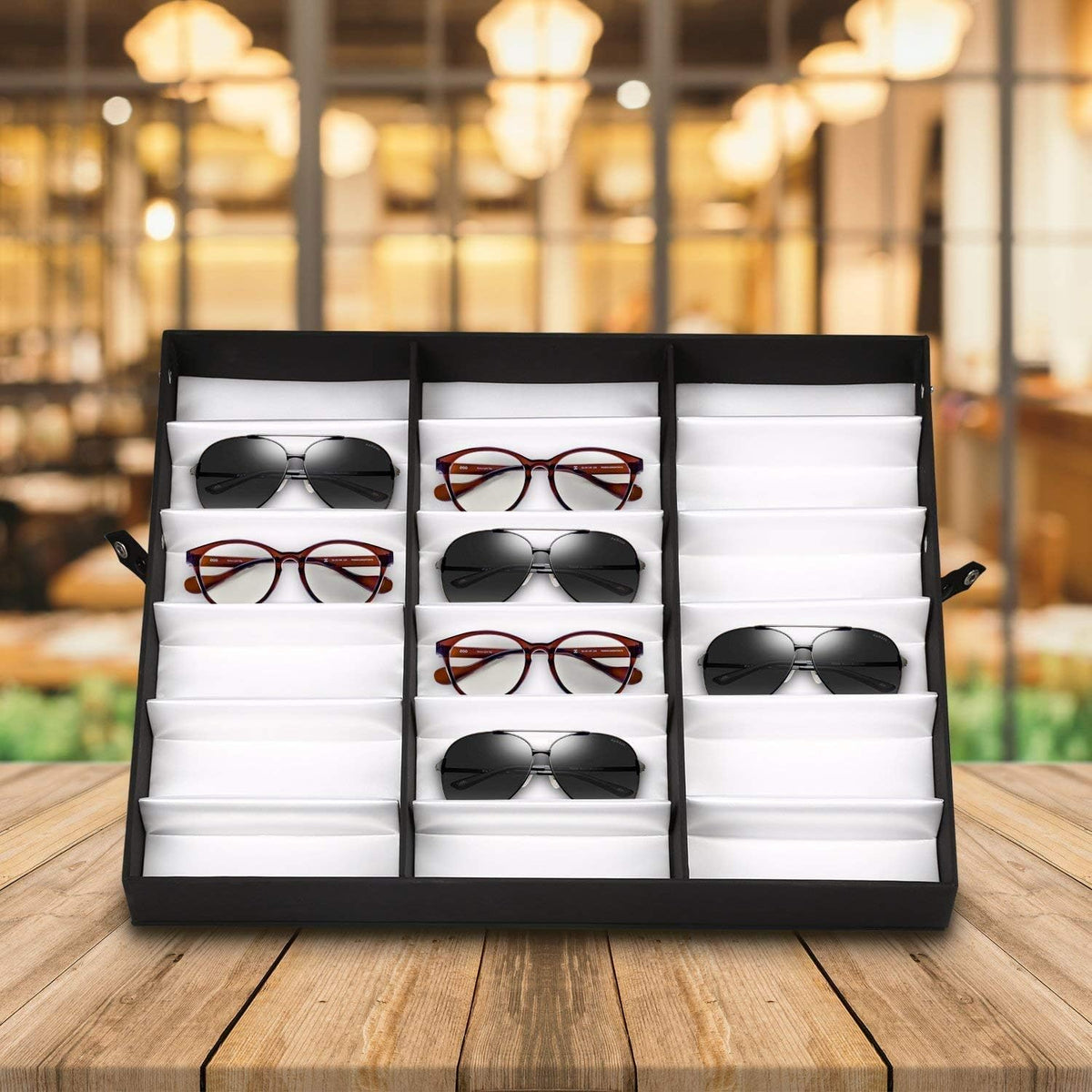 18 Slot Sunglasses Organizer Storage Multiple Eyeglasses Holder Display Case/Tray, Polyester Silk Lined & Snap Closure