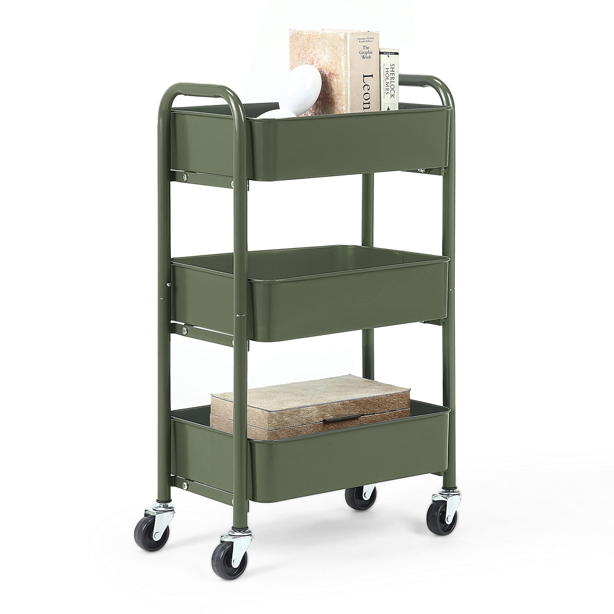 SunnyPoint 3-Tier Delicate Compact Rolling Metal Storage Organizer - Mobile Utility Cart Kitchen/Under Desk Cart with Caster Wheels (RED, 15.35" X 10.24" X 26.8"H)