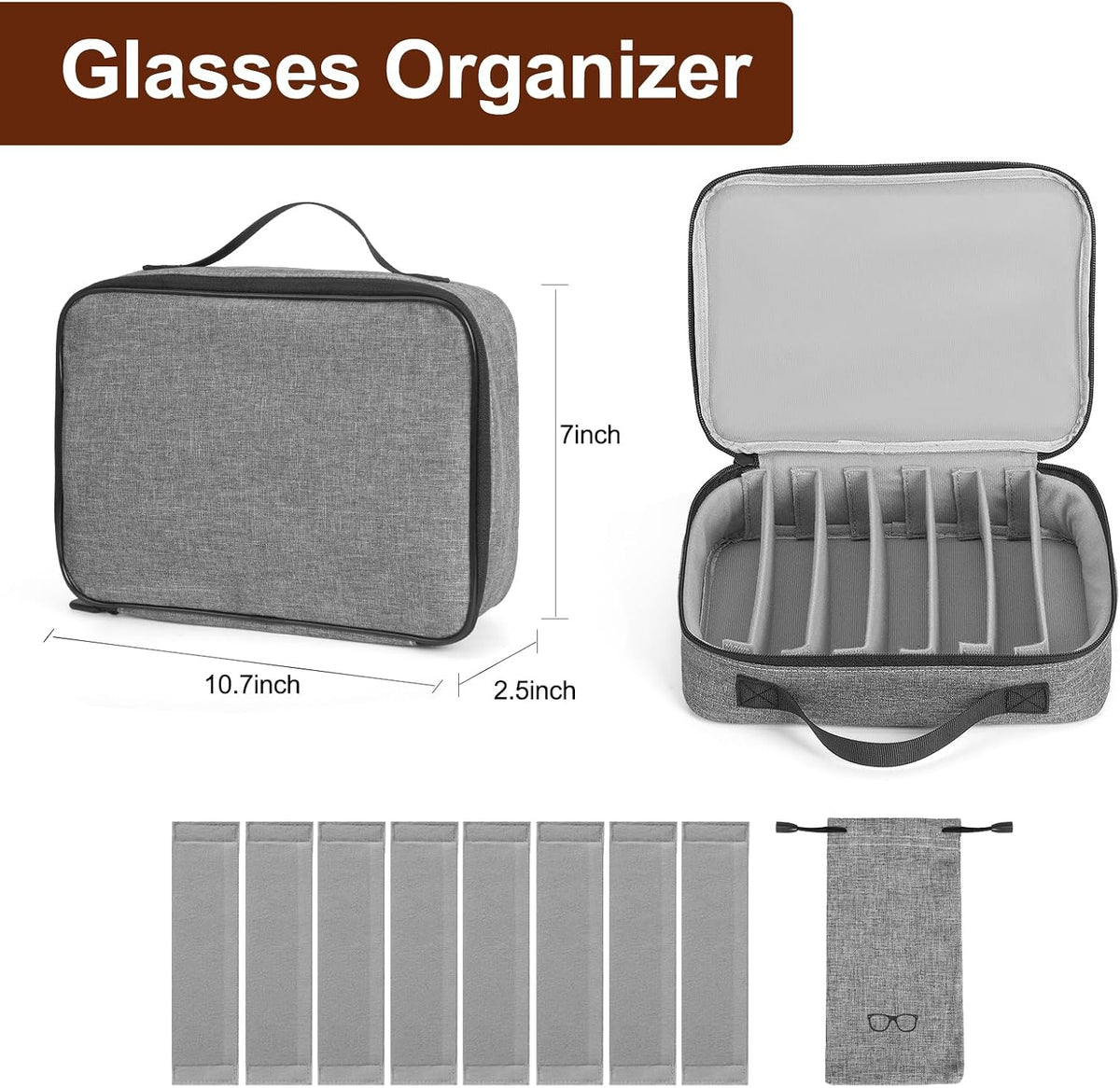 Sunglasses Travel Organizer Case for Multiple Pairs, 8 Adjustable Slots Eyeglasses Glasses Organizer Case with Soft Sunglasses Bag Pouch, Portable Sunglass Storage Box for Men and Women - Grey