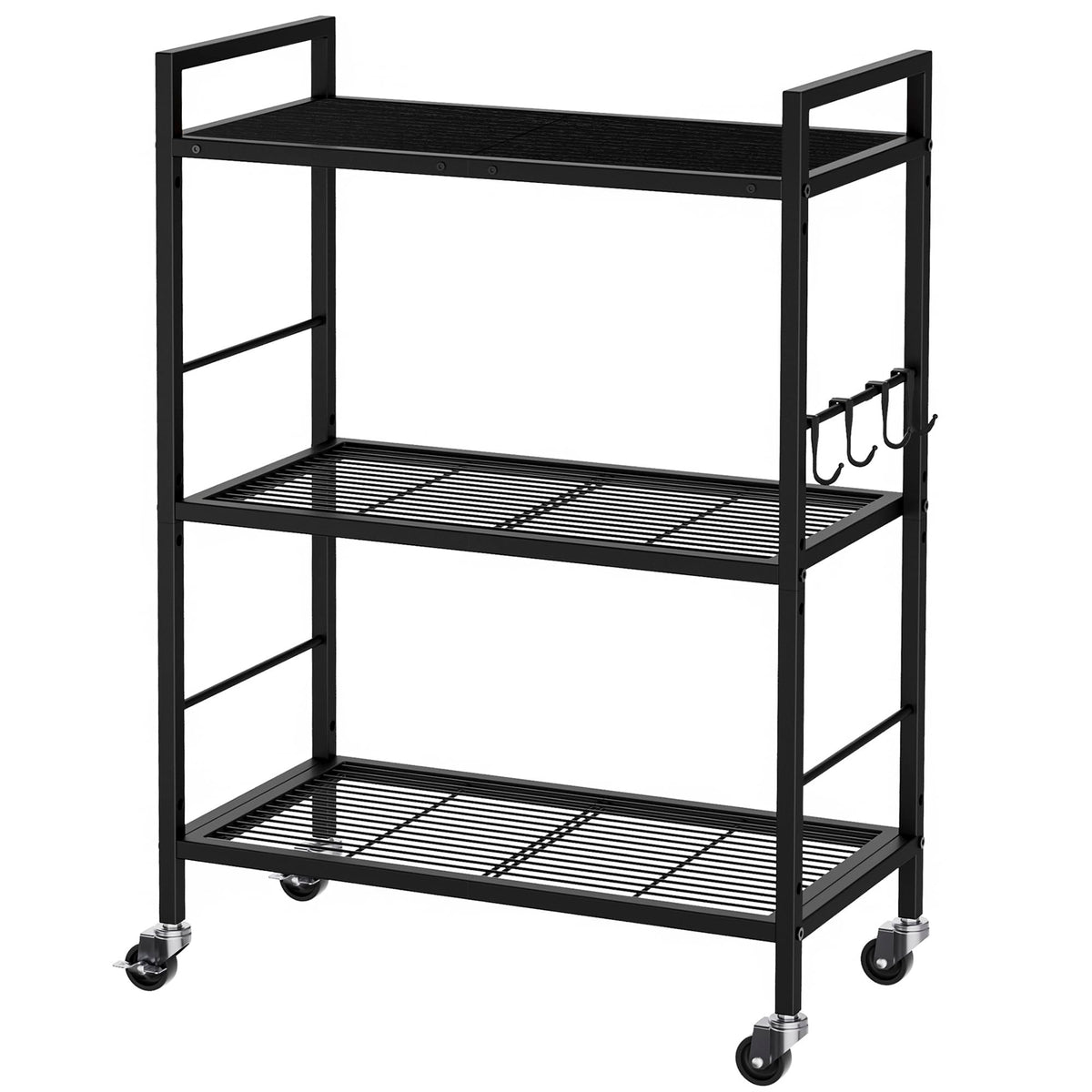 3-Tier Metal Storage Rack with Industrial Wheels,Mesh Shelving Unit with Wooden Table top,Adjustable Shelf,31.5-Inch Width, for Kitchen, Laundry,Pantry,Plant,Black