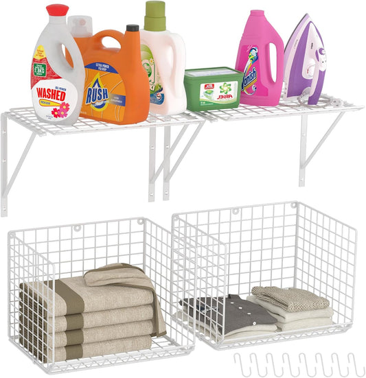 2 Pack Laundry Room Shelves Wall Mounted with Wire Baskets, Over the Washer and Dryer Shelf with Clothes Drying Rack, 8 Hooks，Wire Shelves Baskets for Laundry Closet Organization and Storage, White