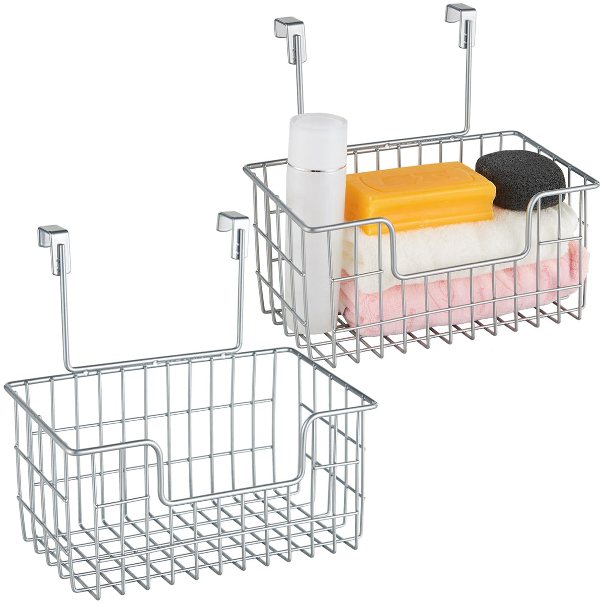 JUNCHU CHERRY Wire Hanging Storage Basket 2 Packs, Wall Mounted Kitchen Bathroom Storage Basket, Multi-Functional, No Punching, Strong Bearing, Chrome