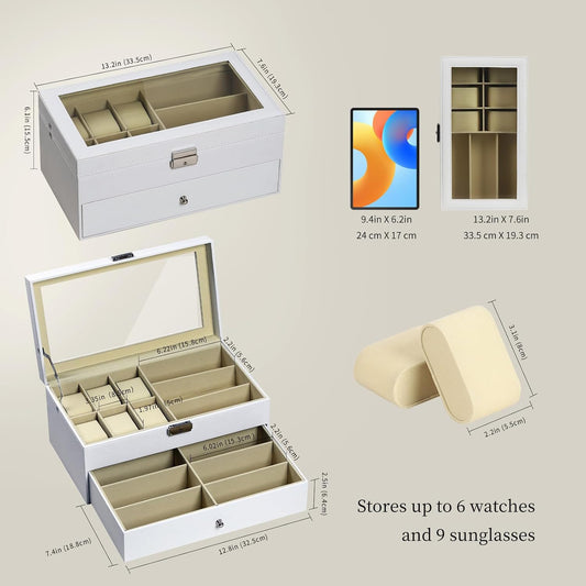 AUTOARK Leather 6 Watch Box & 9 Eyeglasses Storage Case,White,AW-131