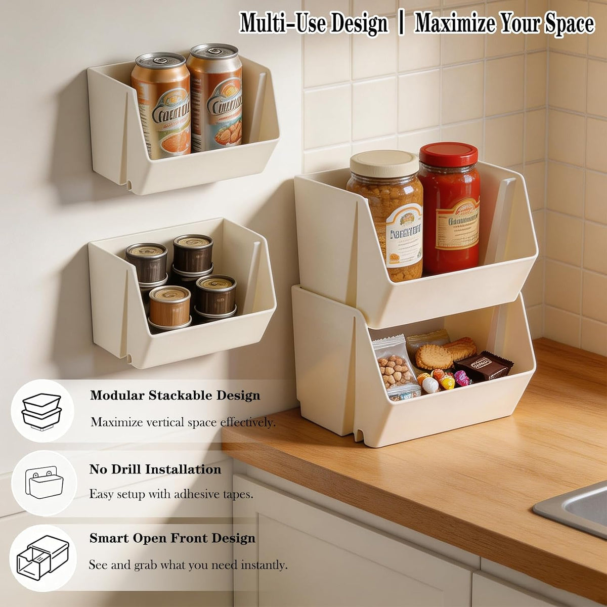 Lae Nuvole Wall Mounted Storage Organizer Bins, Adhesive Baskets 4 Pack