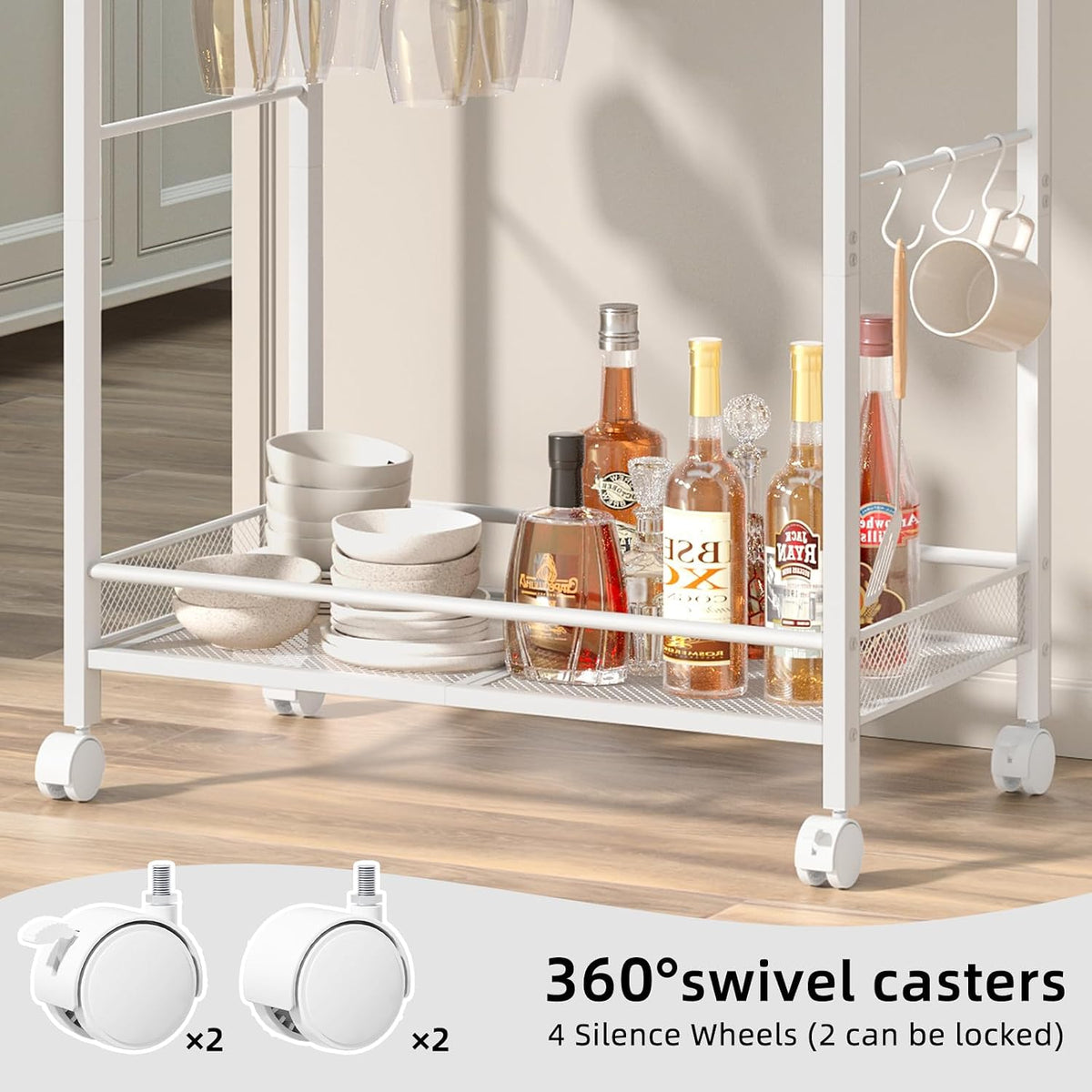 Joaxswe Bar Cart,2-Tier Home Bar Serving Cart with Lockable Wheels,White