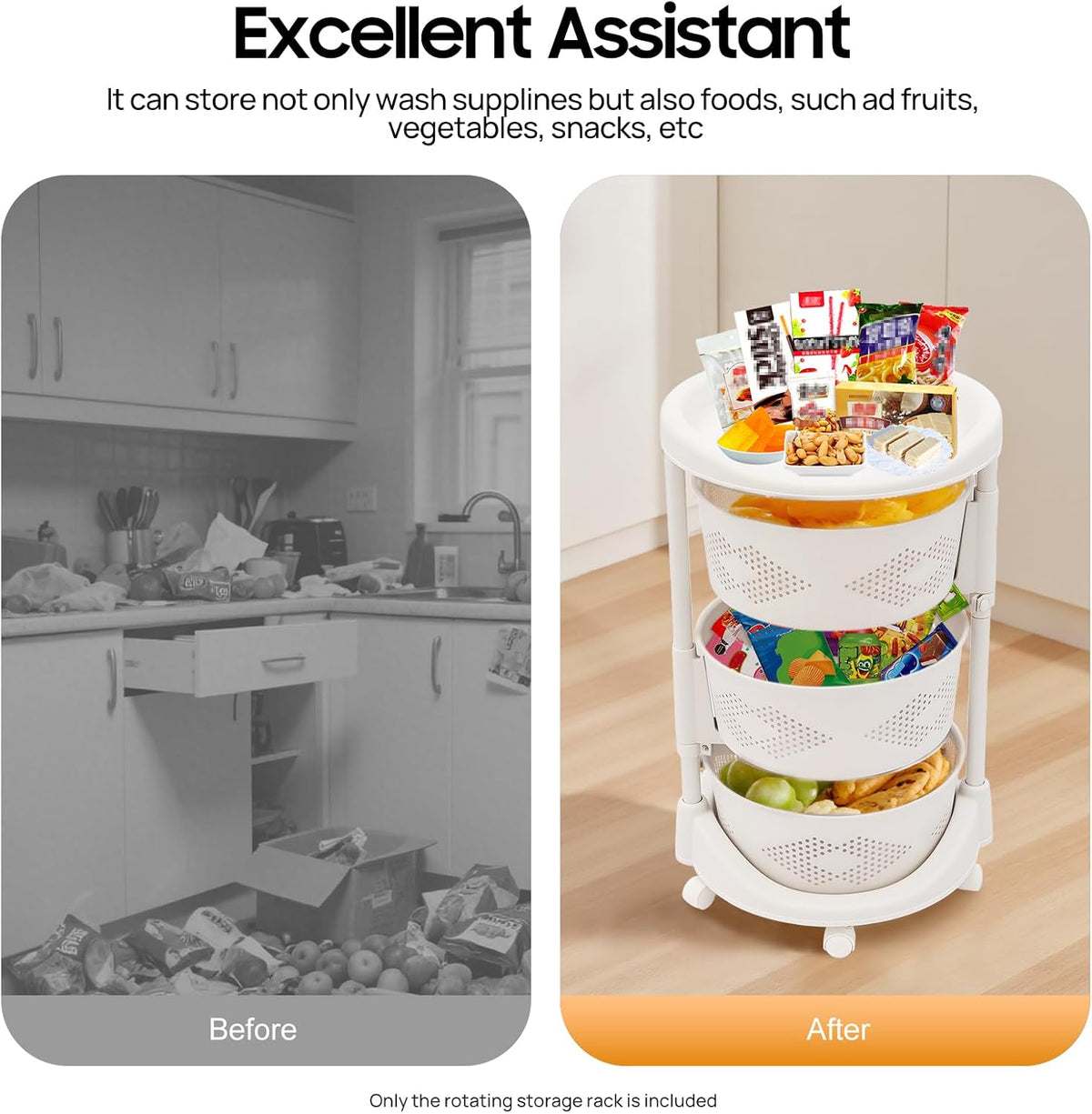 Ringmaster 3 Tier Rotating Storage Rack Multi-Layer Storage Shelves Organizer,Floor Standing Kitchen Storage Cart with Wheels,Fruit Vegetable Storage Basket Shelf for Living Room,Kitchen,Bathroom