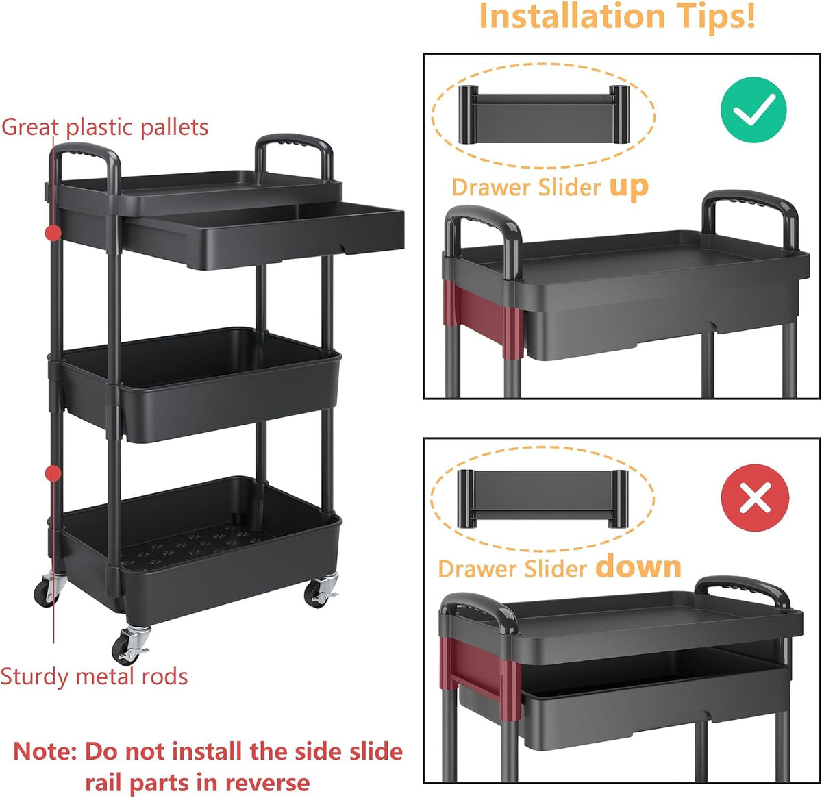 Calmootey 3-Tier Utility Cart with Drawer & Wheels, Storage for Home,Office