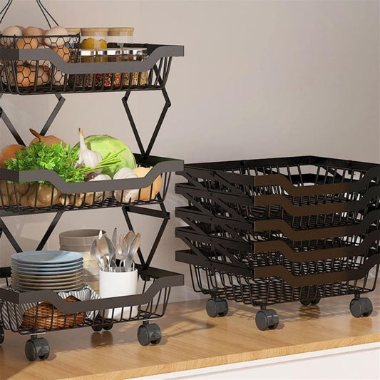 4-Tier Rolling Pantry Floor Organizer with Wheels, Foldable Fruit Vegetable Storage Cart, Metal Wire Pantry Basket, Kitchen Fruit Basket Stand, Vegetable Storage Rack for Fruits Snack Onion Potato