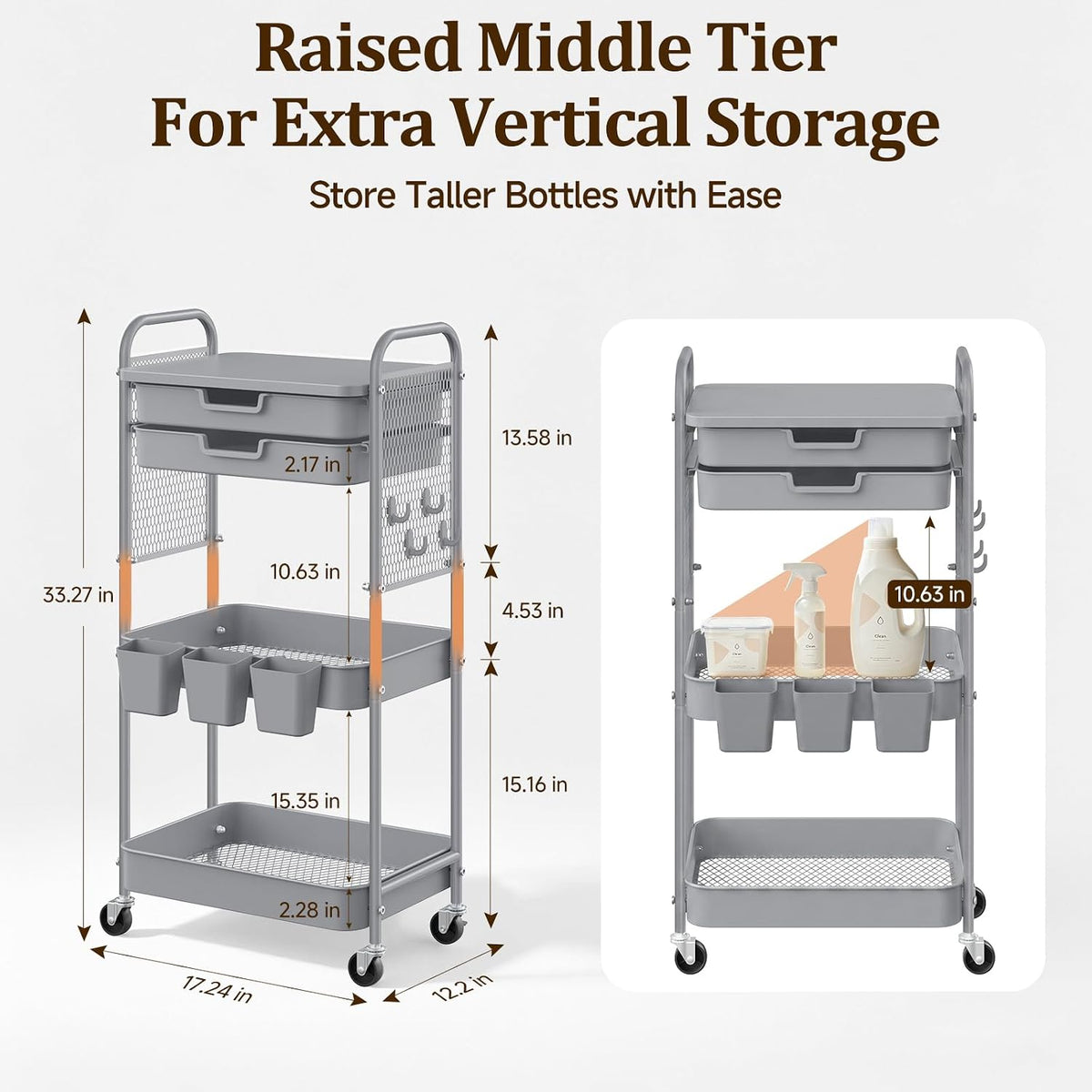 3 Tier Rolling Cart with 2 Drawers, Metal Utility Storage Carts with Wheels