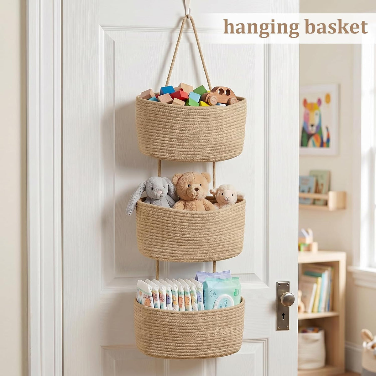 TeoKJ Over the Door Hanging Storage Basket Woven 3 Tier Wall Organizer Jute
