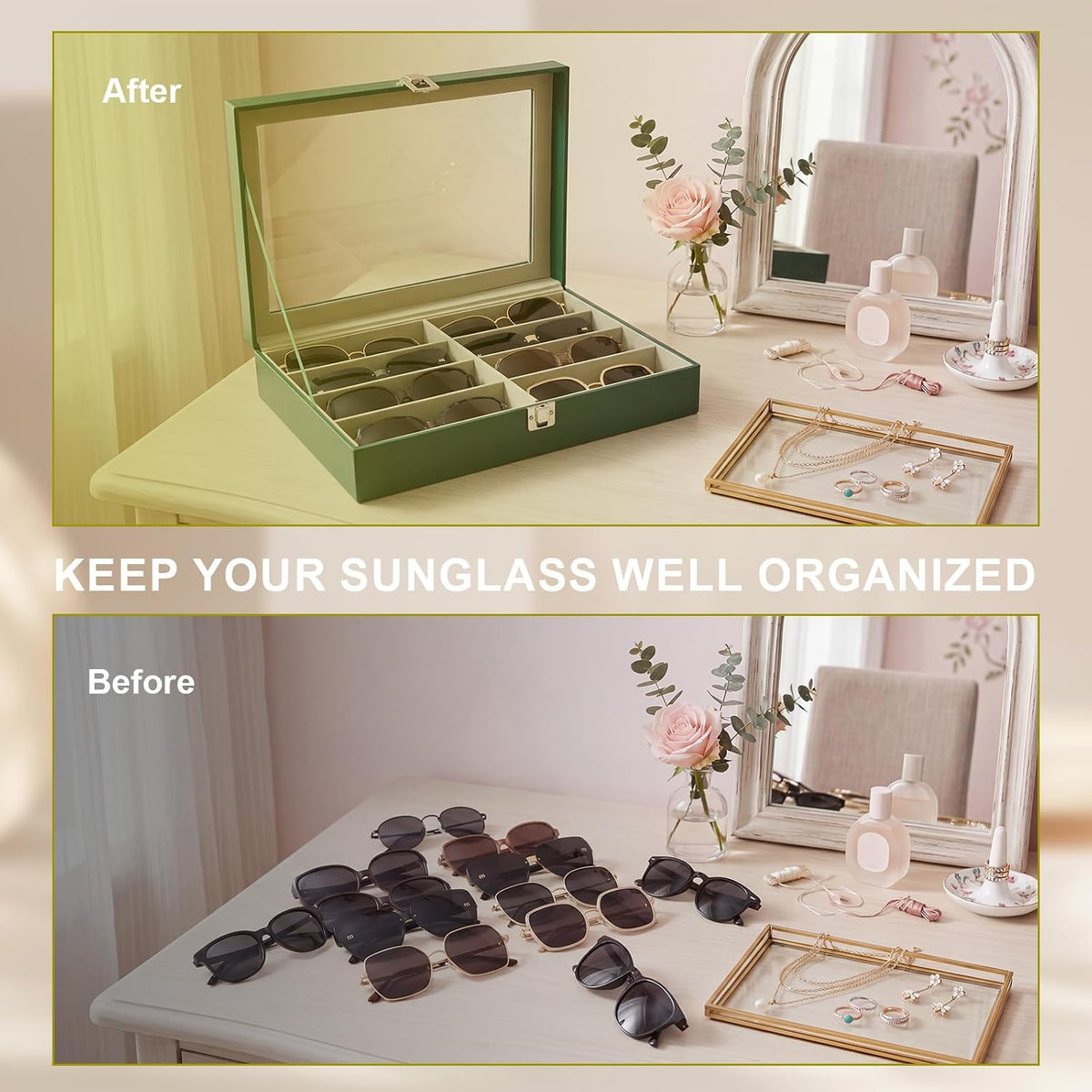 8 Slots Sunglass Organizer, PU Leather Eyewear Display Tray