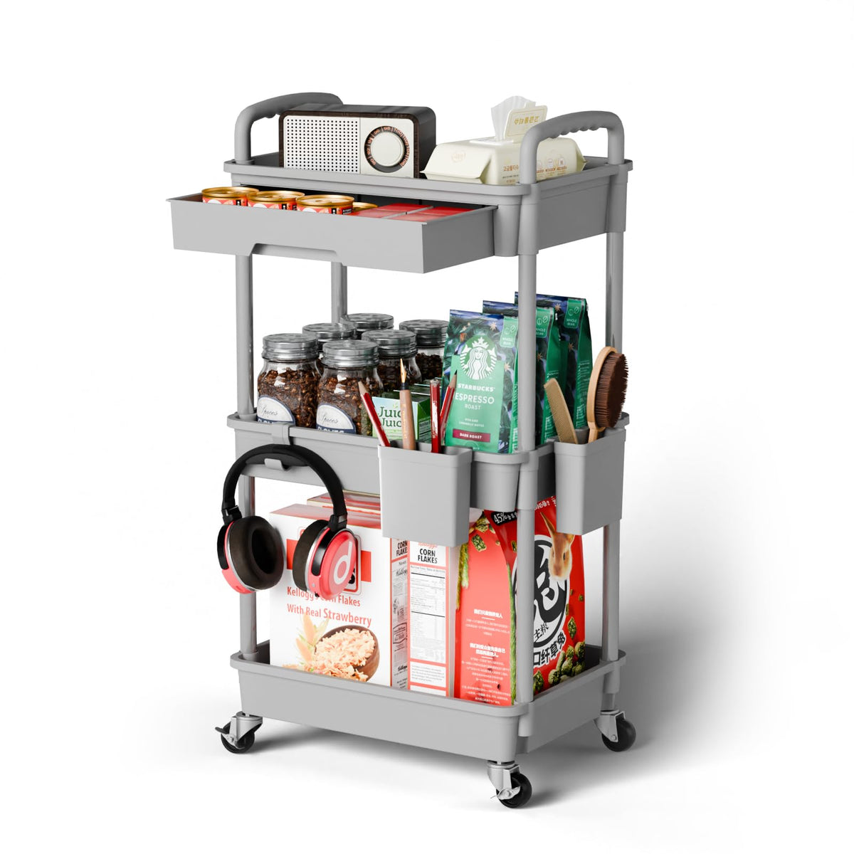 Sorgion 3 Tier Rolling Cart Organizer,Laundry Room Bathroom Organizers and Storage Office Shelves Mobile Shelving Unit Kitchen Trolley Cart with Wheels for Art,Craft,Diaper,Bedside,Snack(Green)
