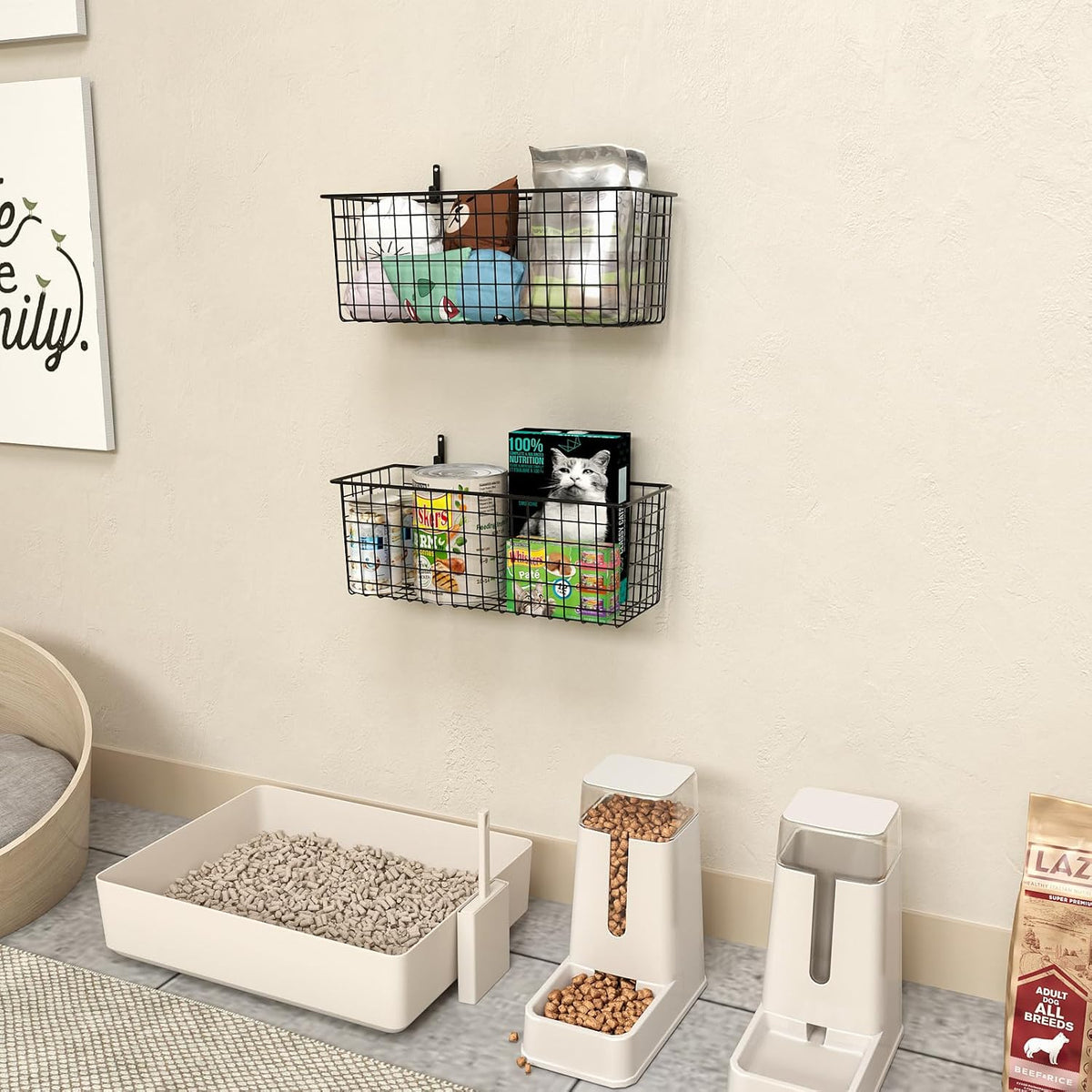Kinlink 2 Sets Black Extra Large Hanging Wall Basket with Steel Hooks